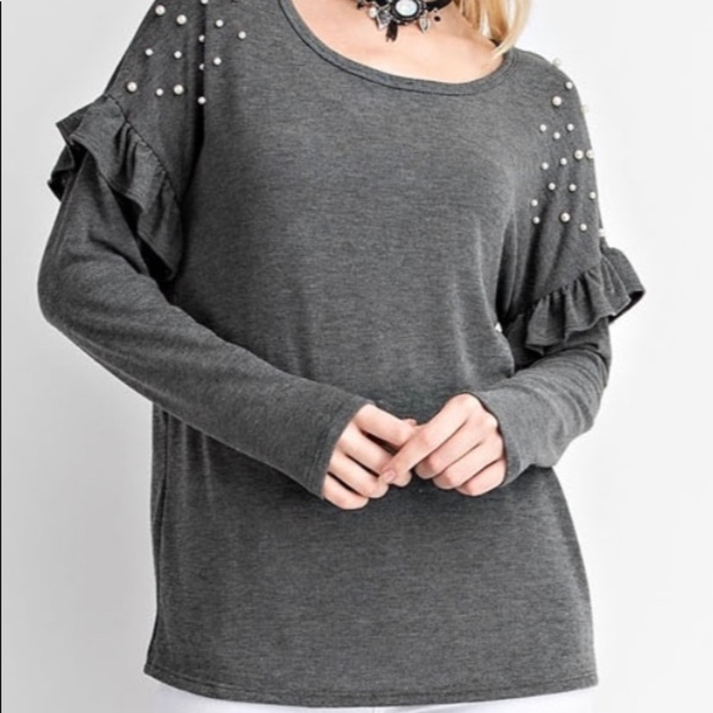 Ruffle sleeve top in charcoal with pearl detail